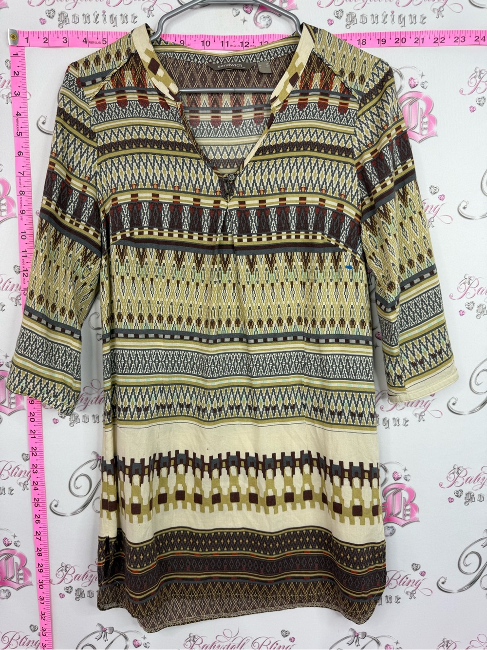Sandwich shirt or mini dress Geometric Print V-Neck Tunic Top - Cream and Brown